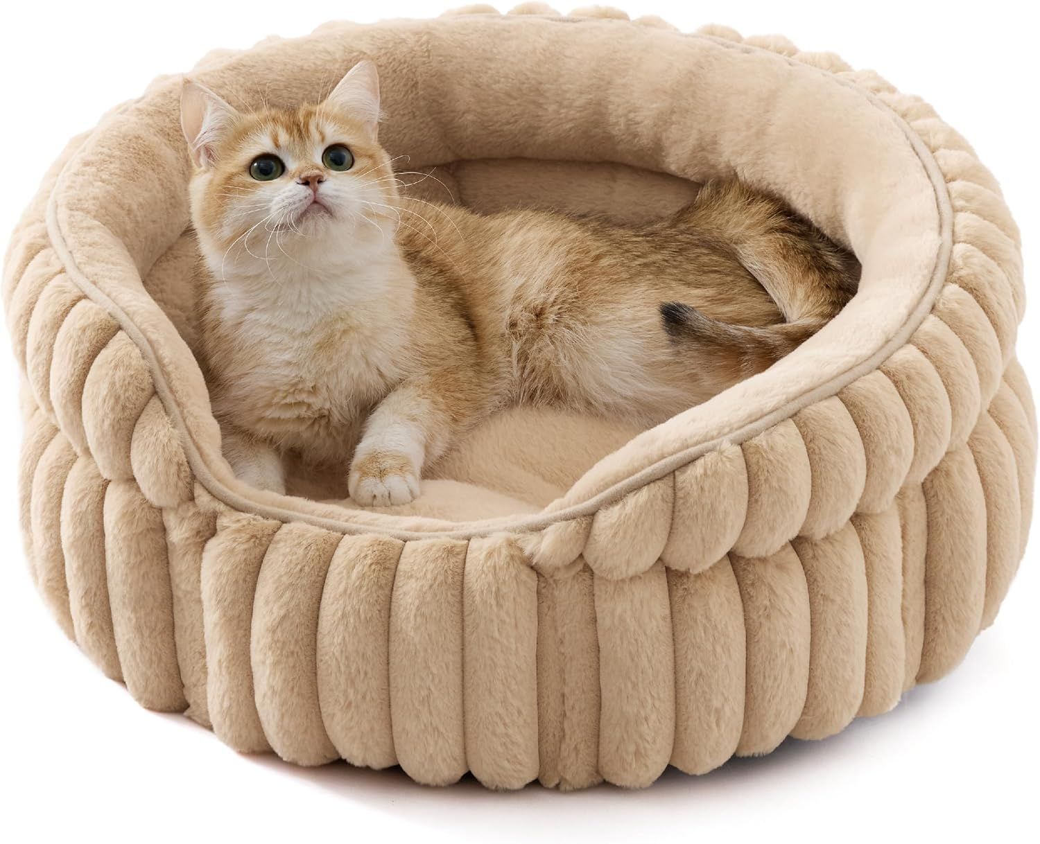 Cat Bed, Washable Round Cute Pet Beds for Indoor Cats, Super Soft Corduroy Kitten Bed with Anti-Slip Bottom, 20''x20''x8'', Sandy Beige - Image 1