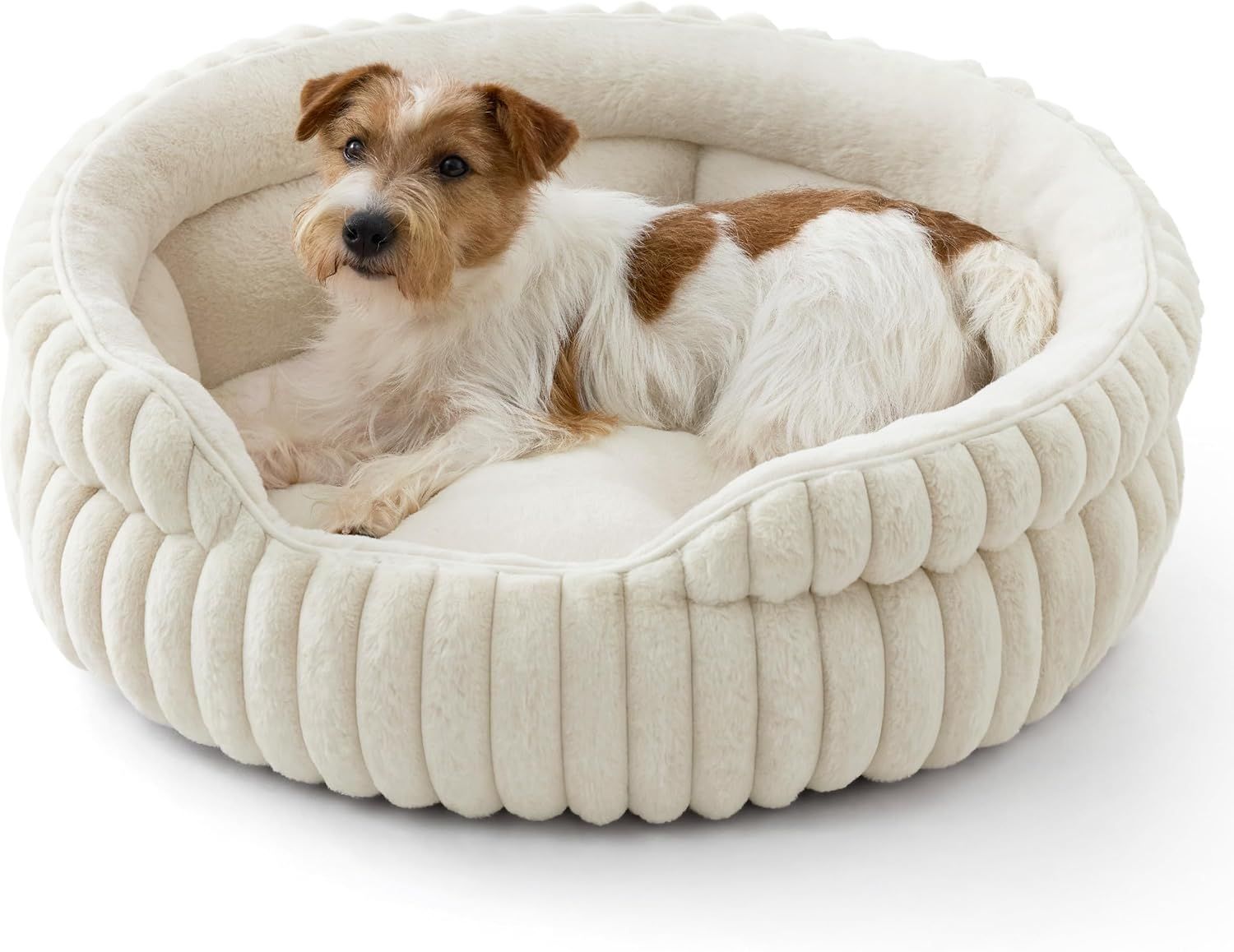 Medium Dog Bed, Washable Cute Pet Bed, Super Soft Corduroy Round Cat Bed with Anti-Slip Bottom, 26''x26''x9'', Cream - Image 1