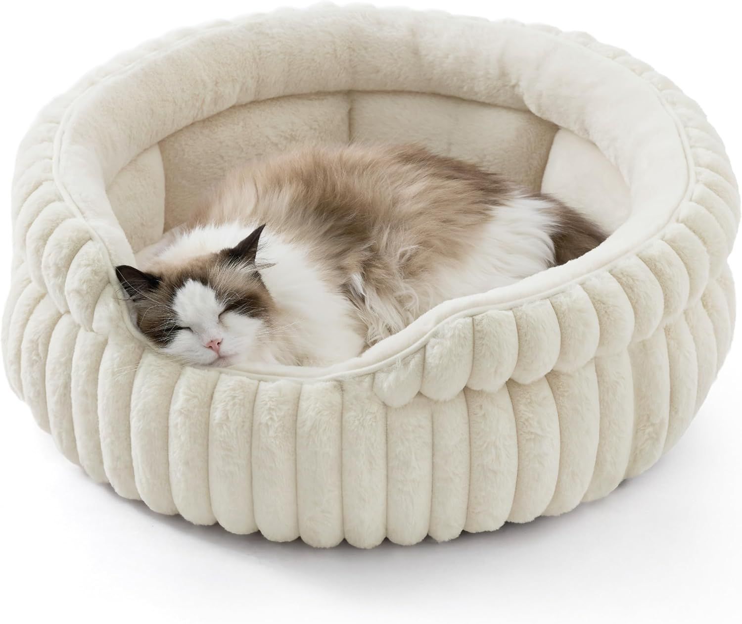 Cat Bed, Washable Round Cute Cat Beds for Indoor Cats, Super Soft Corduroy Pet Bed for Puppy and Kitten with Anti-Slip Bottom, 23''x23''x8.5'', Cream - Image 1