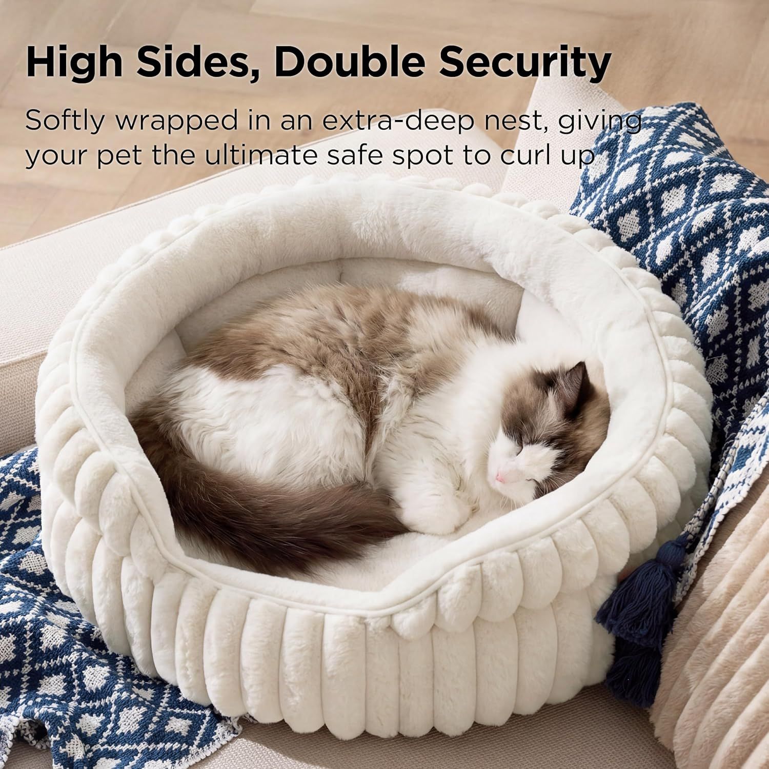 Cat Bed, Washable Round Cute Cat Beds for Indoor Cats, Super Soft Corduroy Pet Bed for Puppy and Kitten with Anti-Slip Bottom, 23''x23''x8.5'', Cream - Image 2