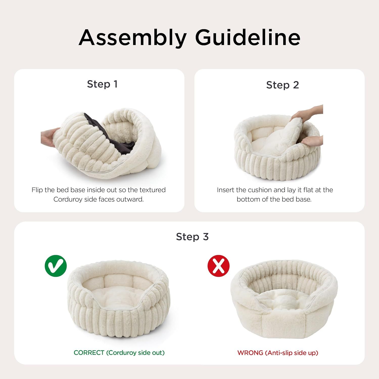 Cat Bed, Washable Round Cute Cat Beds for Indoor Cats, Super Soft Corduroy Pet Bed for Puppy and Kitten with Anti-Slip Bottom, 23''x23''x8.5'', Cream - Image 5