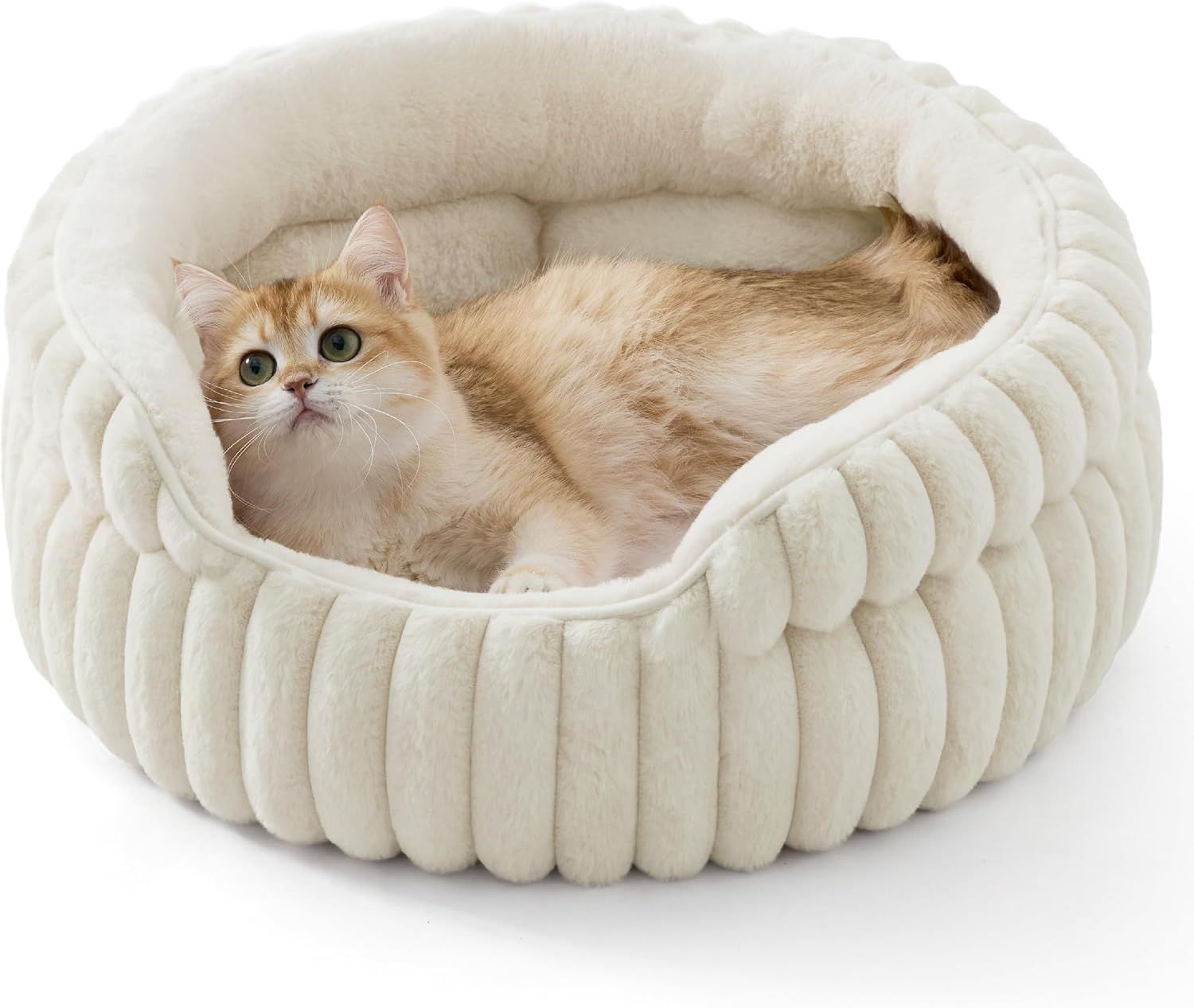 Cat Bed, Washable Round Cute Pet Beds for Indoor Cats, Super Soft Corduroy Kitten Bed with Anti-Slip Bottom, 20''x20''x8'', Cream - Image 1
