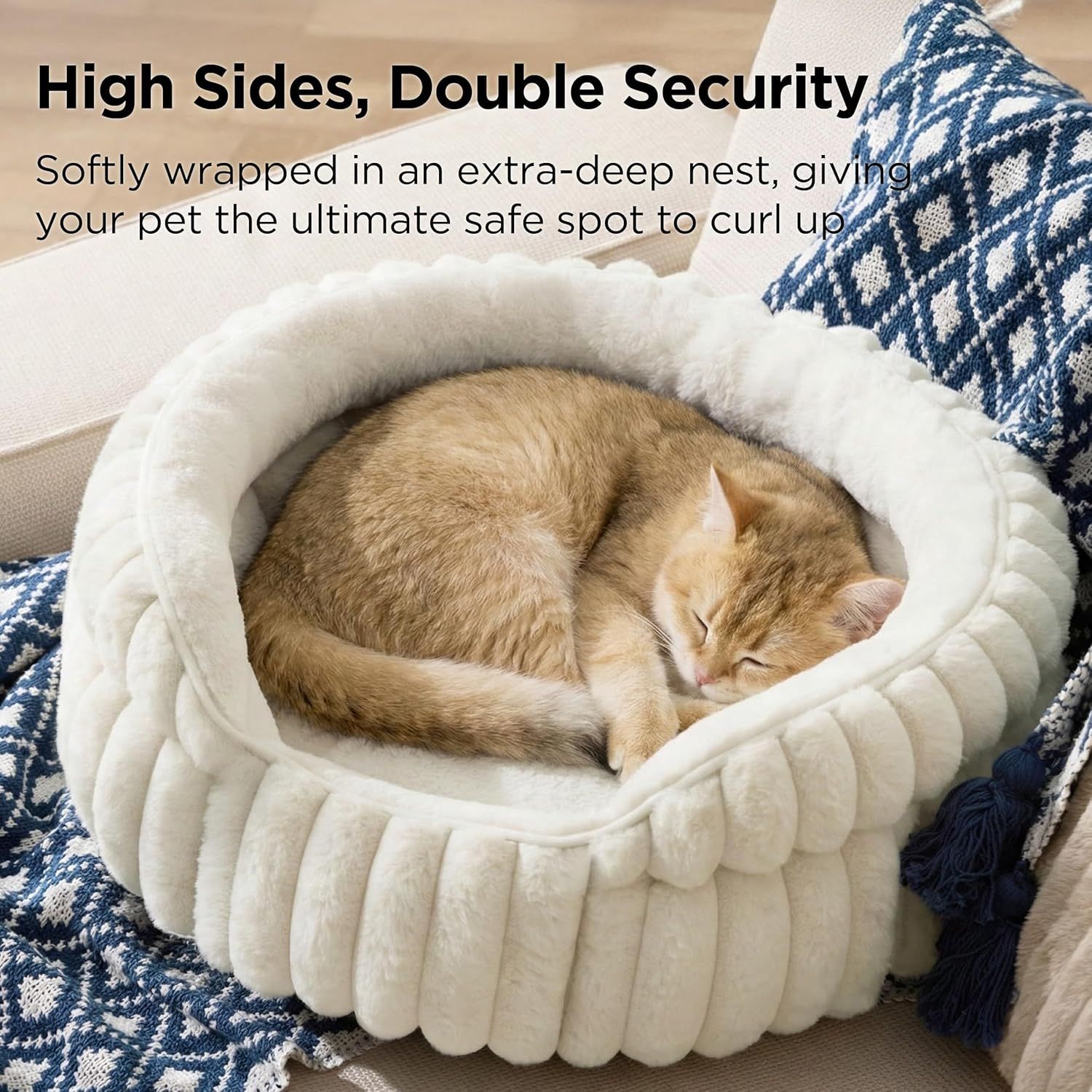 Cat Bed, Washable Round Cute Pet Beds for Indoor Cats, Super Soft Corduroy Kitten Bed with Anti-Slip Bottom, 20''x20''x8'', Cream - Image 2