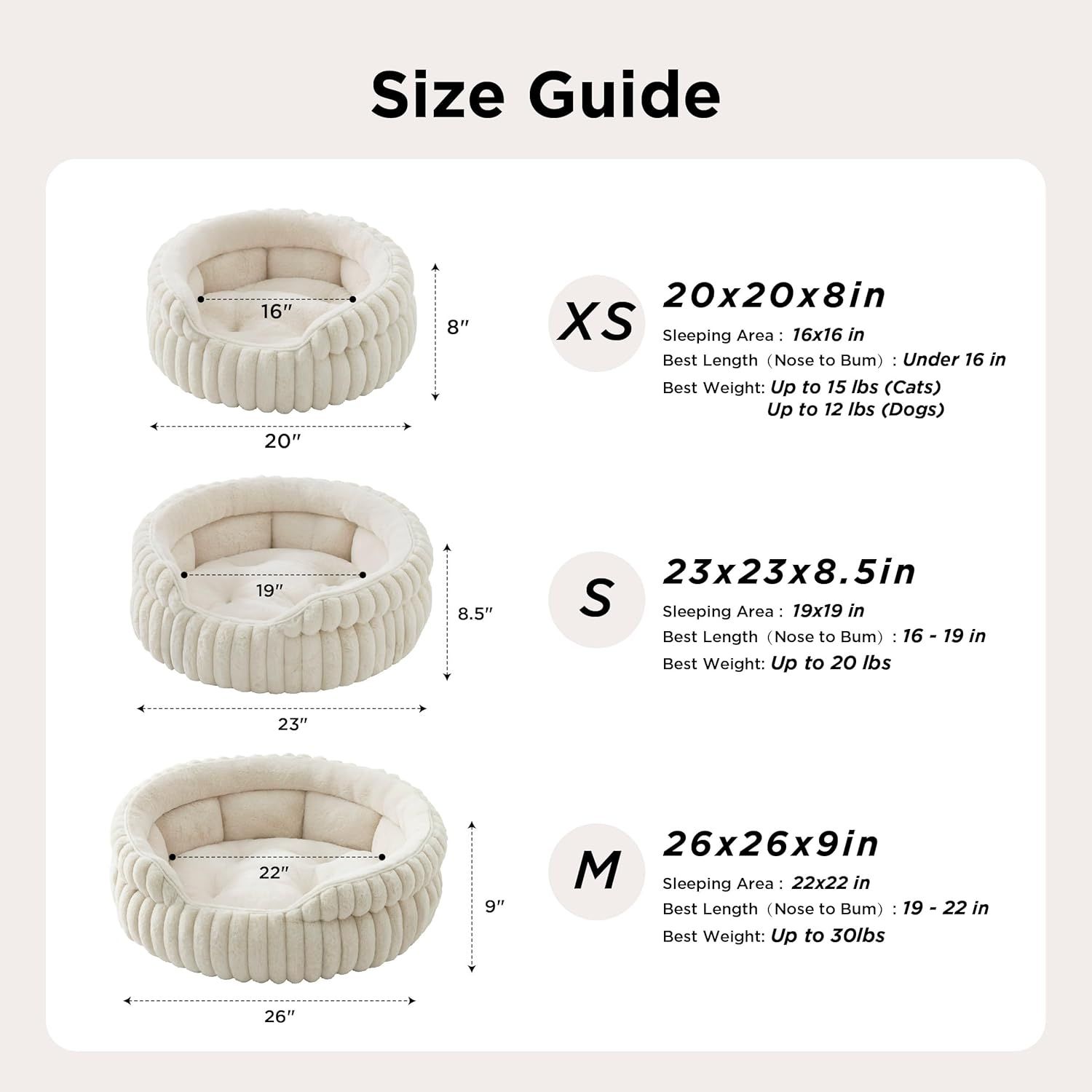 Cat Bed, Washable Round Cute Pet Beds for Indoor Cats, Super Soft Corduroy Kitten Bed with Anti-Slip Bottom, 20''x20''x8'', Cream - Image 3