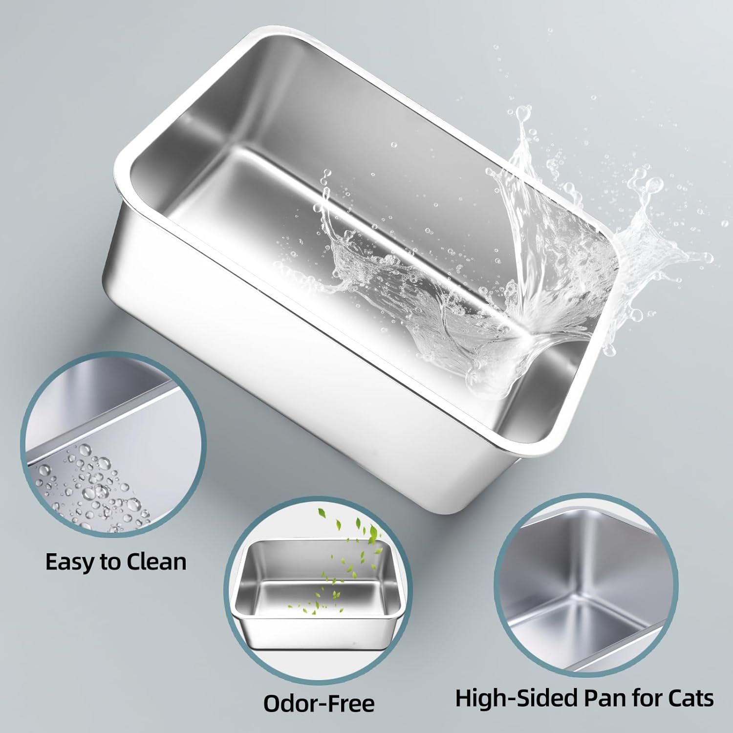 Stainless Steel Cat Litter Box - Large Metal High-Sided Pan for Cats, Pets, Non-Stick, Odor-Free, Easy to Clean, Splash-Proof, Durable (20