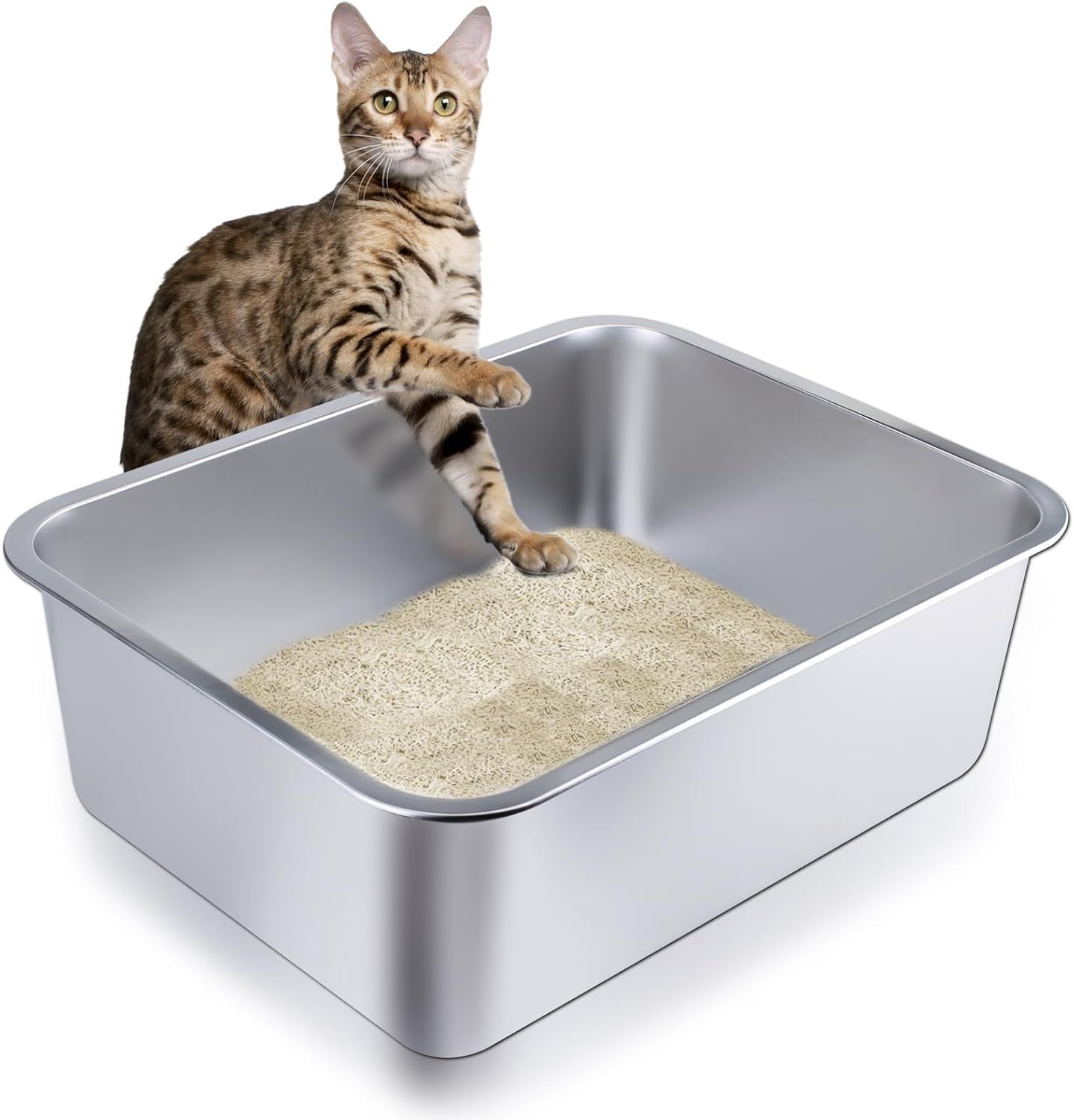 Stainless Steel Cat Litter Box - Large Metal High-Sided Pan for Cats, Pets, Non-Stick, Odor-Free, Easy to Clean, Splash-Proof, Durable (17.7