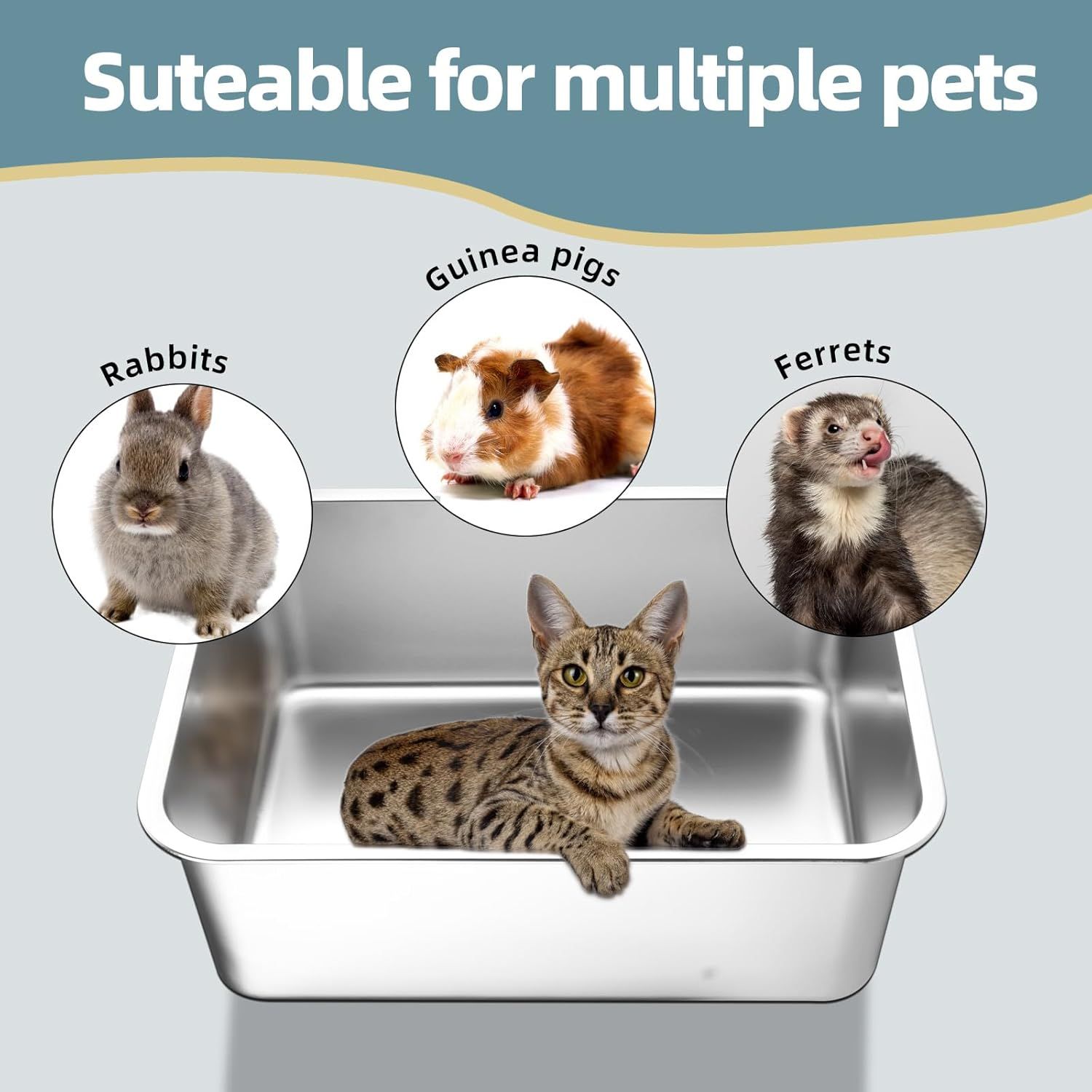 Stainless Steel Cat Litter Box - Large Metal High-Sided Pan for Cats, Pets, Non-Stick, Odor-Free, Easy to Clean, Splash-Proof, Durable (17.7