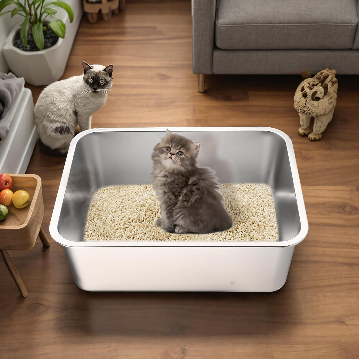 Stainless Steel Cat Litter Box - Large Metal High-Sided Pan for Cats, Pets, Non-Stick, Odor-Free, Easy to Clean, Splash-Proof, Durable (17.7