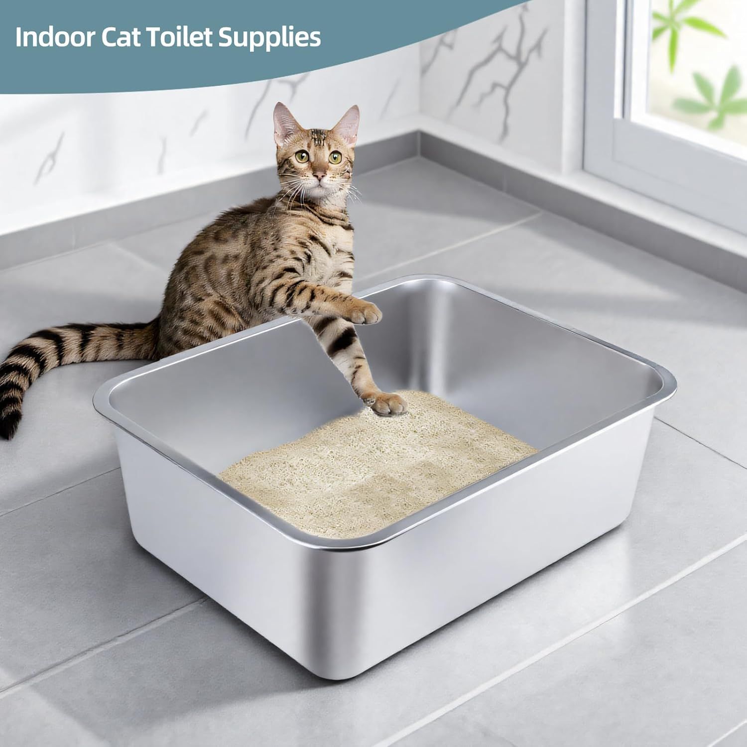 Stainless Steel Cat Litter Box - Large Metal High-Sided Pan for Cats, Pets, Non-Stick, Odor-Free, Easy to Clean, Splash-Proof, Durable (17.7