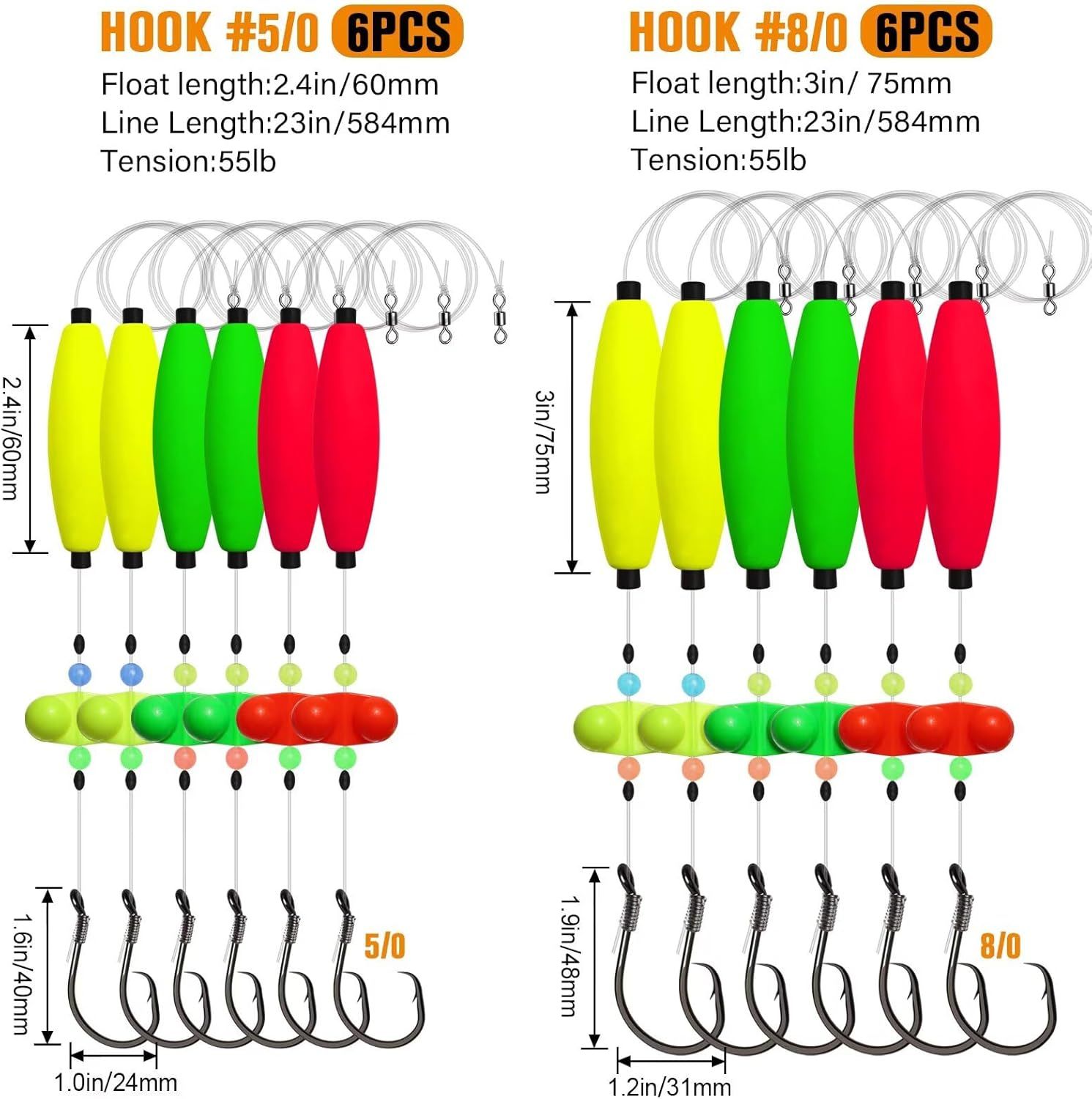 Pre-Tied Catfish Rig System, 23 Inch 55LB Santee Cooper Catfish Float Rig with Adjustable EVA Slip Float and High Carbon Circle Hooks 5/0 6/0 8/0, Ready-to-Fish for River and Bank Fishing(Cigar Float-5/0Hook * 6PCS) - Image 7