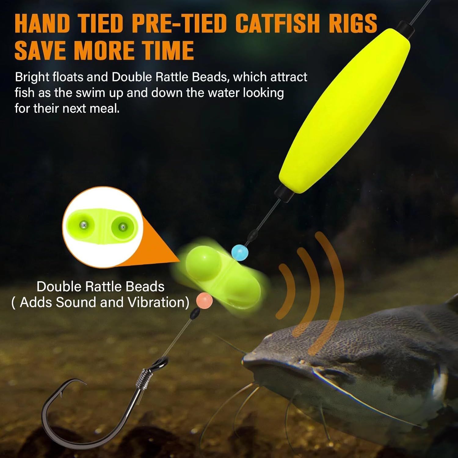 Pre-Tied Catfish Rig System, 23 Inch 55LB Santee Cooper Catfish Float Rig with Adjustable EVA Slip Float and High Carbon Circle Hooks 5/0 6/0 8/0, Ready-to-Fish for River and Bank Fishing(Cigar Float-6/0Hook * 3PCS) - Image 3