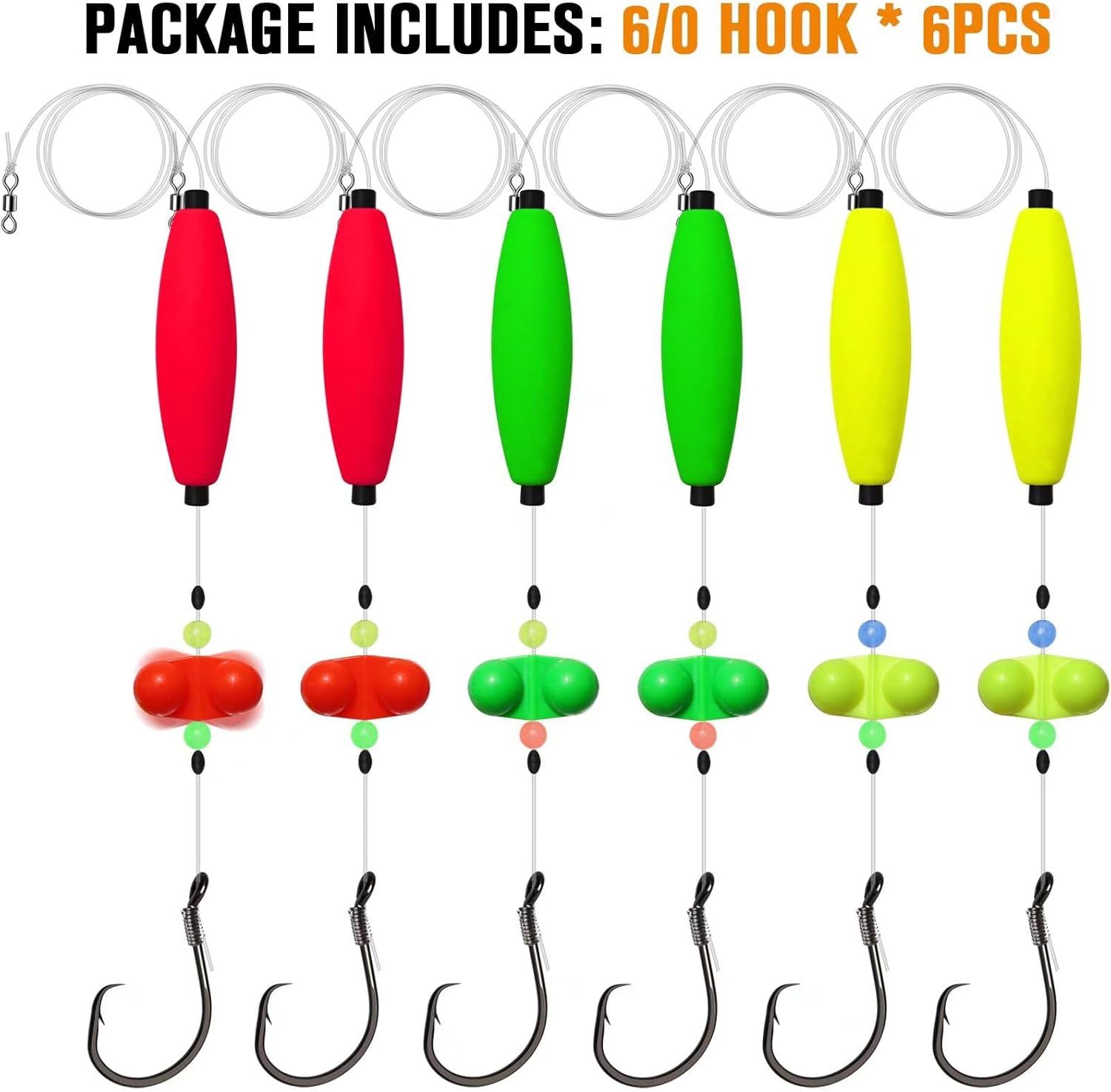 Pre-Tied Catfish Rig System, 23 Inch 55LB Santee Cooper Catfish Float Rig with Adjustable EVA Slip Float and High Carbon Circle Hooks 5/0 6/0 8/0, Ready-to-Fish for River and Bank Fishing(Cigar Float-6/0Hook * 6PCS) - Image 2
