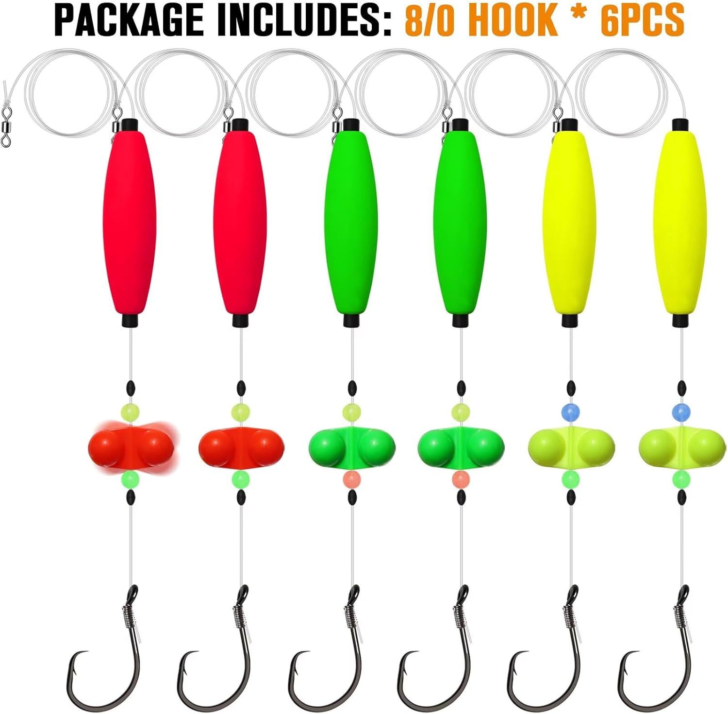 Pre-Tied Catfish Rig System, 23 Inch 55LB Santee Cooper Catfish Float Rig with Adjustable EVA Slip Float and High Carbon Circle Hooks 5/0 6/0 8/0, Ready-to-Fish for River and Bank Fishing(Cigar Float-8/0Hook * 6PCS) - Image 2