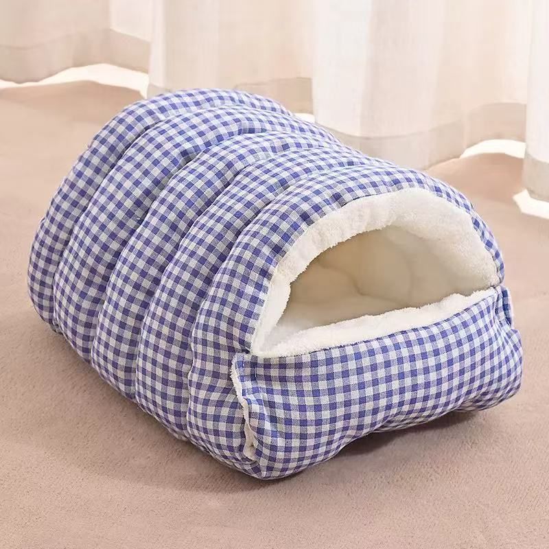 Blue‑and‑white colourway Winter Warm Half‑Closed Cat Cave Bed, Polar‑Fleece Lined Checkered Washable Pet Nest Bed for Small Cats & Puppies - Image 1