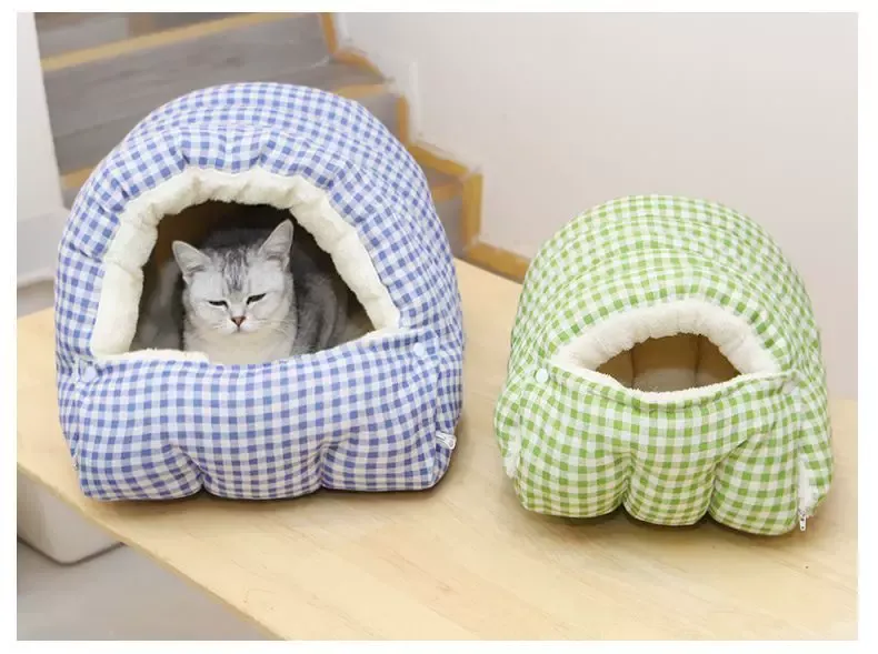 Blue‑and‑white colourway Winter Warm Half‑Closed Cat Cave Bed, Polar‑Fleece Lined Checkered Washable Pet Nest Bed for Small Cats & Puppies - Image 4