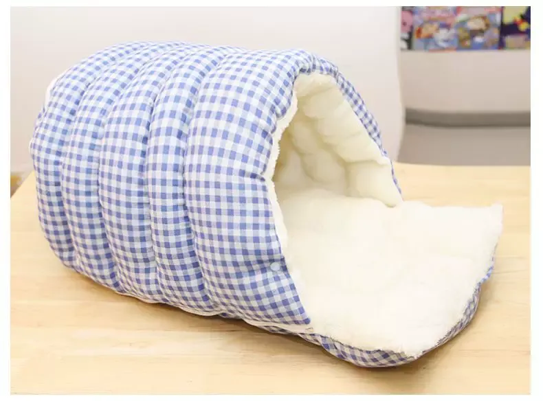 Blue‑and‑white colourway Winter Warm Half‑Closed Cat Cave Bed, Polar‑Fleece Lined Checkered Washable Pet Nest Bed for Small Cats & Puppies - Image 5