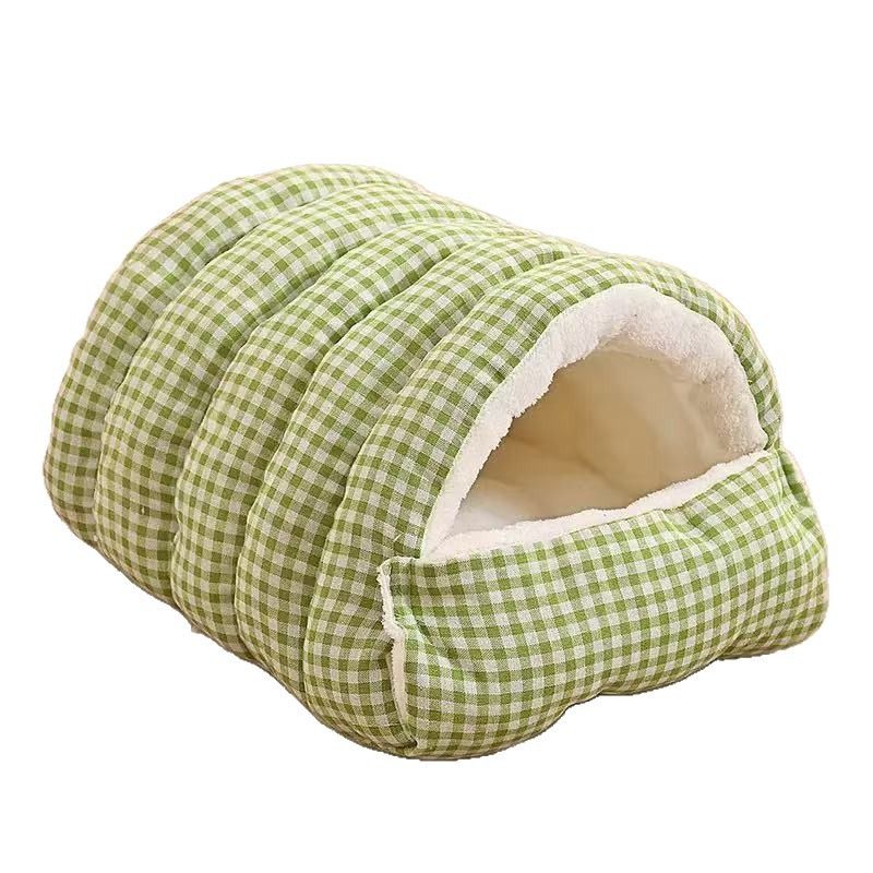 Green‑and‑white ginghamWinter Warm Enclosed Cat Cave Bed, Plush‑Lined Half‑Closed Pet Sleeping Bed, Checkered Washable Dog Cushion Nest for Small Cats Puppies - Image 2