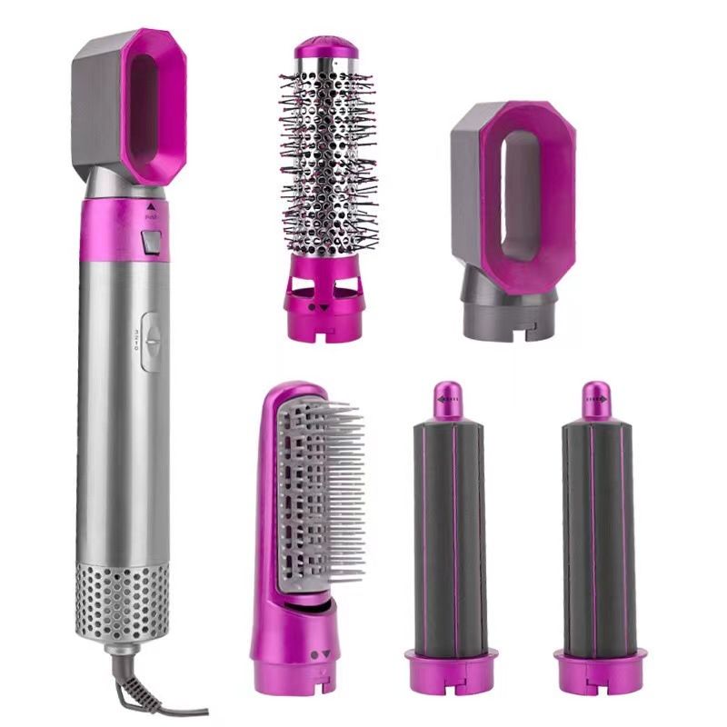 5 in 1 Hot Air Brush Hair Styler Set, Multi Interchangeable Attachments Hair Dryer Brush, Straightener Curler Volumizer Comb, Ionic Blow Dryer Styling Tool for All Hair Types（Bright Fuchsia） - Image 1
