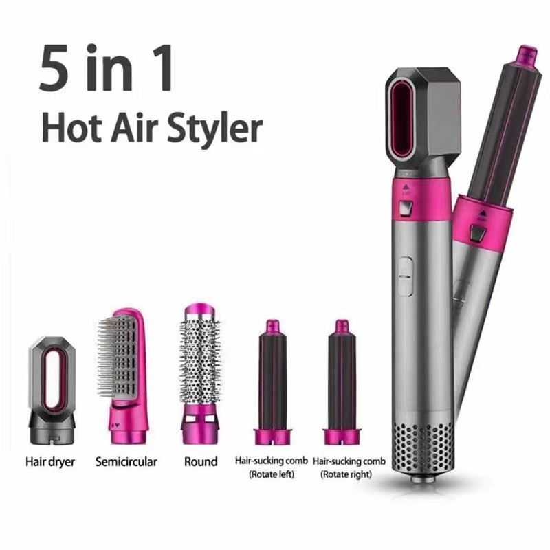 5 in 1 Hot Air Brush Hair Styler Set, Multi Interchangeable Attachments Hair Dryer Brush, Straightener Curler Volumizer Comb, Ionic Blow Dryer Styling Tool for All Hair Types（Bright Fuchsia） - Image 3