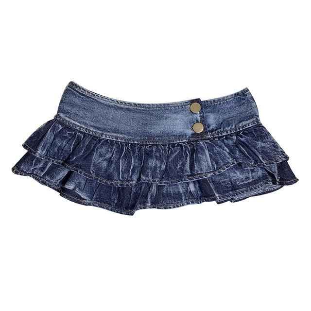House Of Dasein Pleated Ruffles Super Mini Low Waist Denim Skirt Women - Blue - L - Image 1