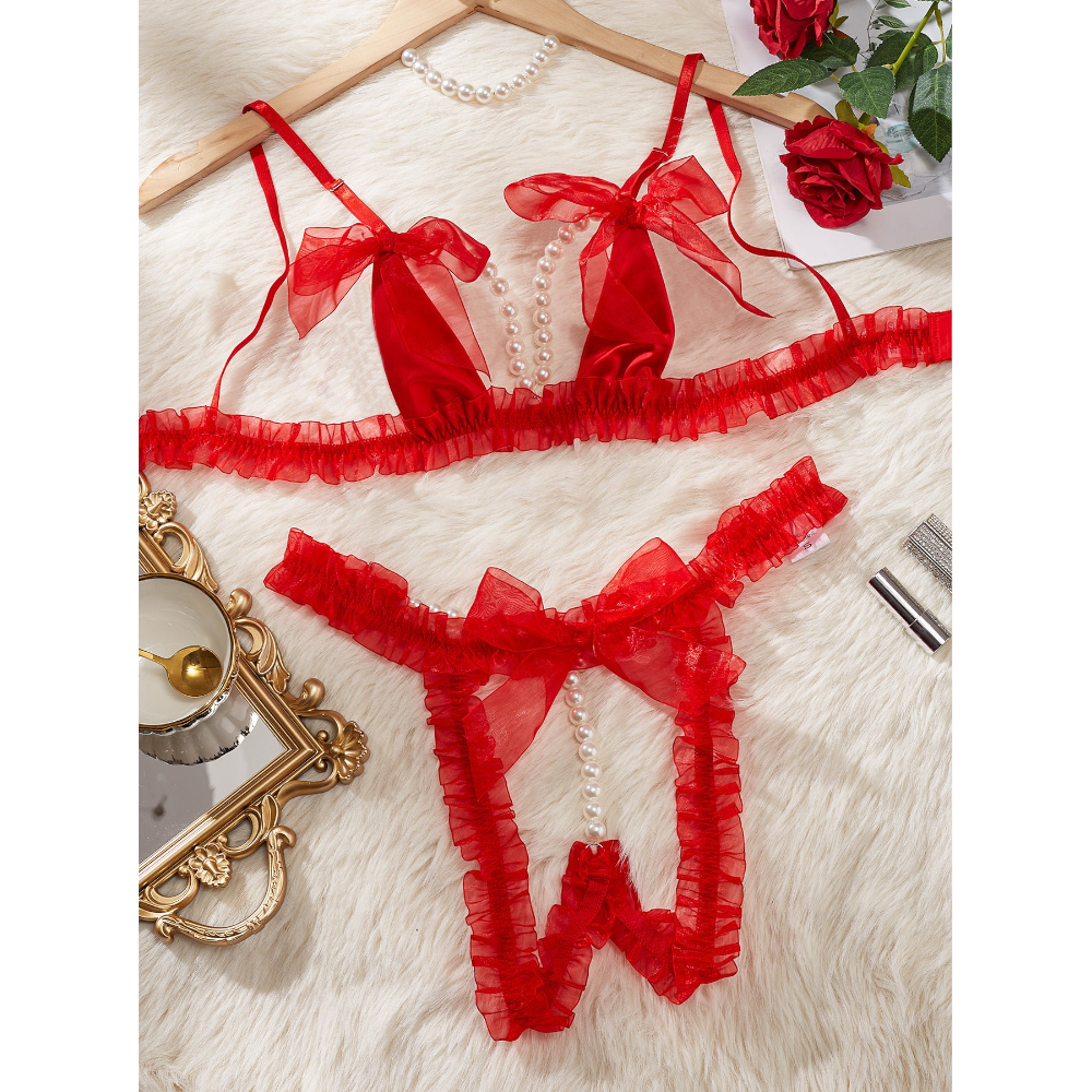 House Of Dasein Lace Patchwork Pearl Chain Lingerie Set - Red - S - Image 1