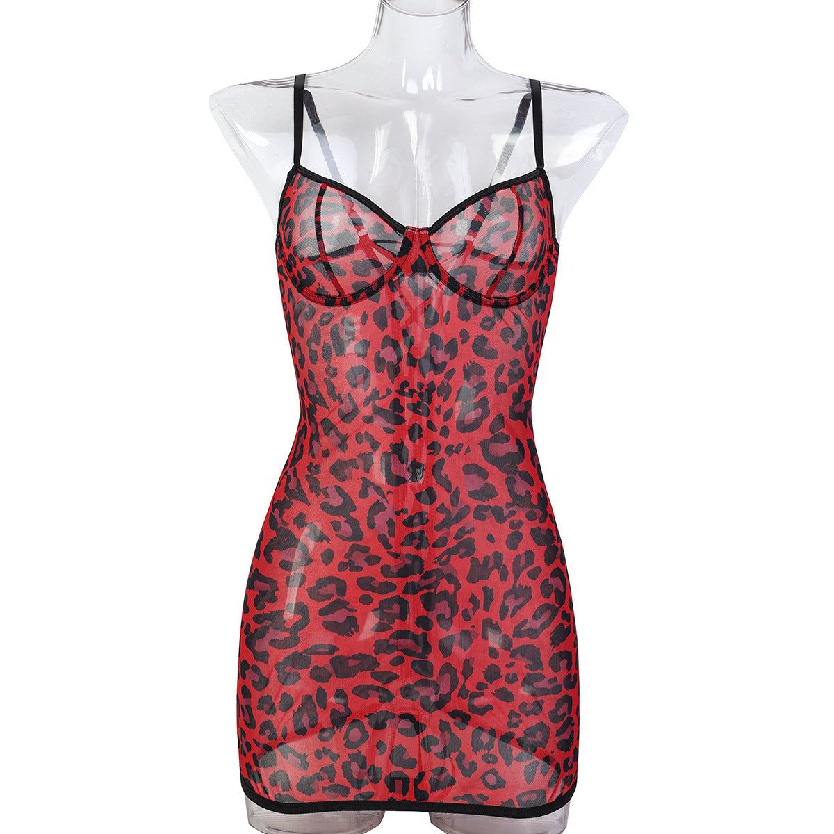 House Of Dasein Leopard Print Sexy Bodycon Sheer Strapless Dress With Back Cross Tie Lingerie - Red Leopard Print - M - Image 1