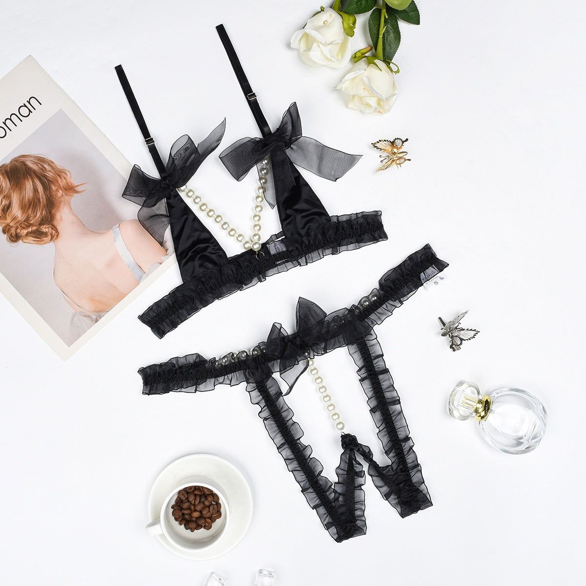 House Of Dasein Lace Patchwork Pearl Chain Lingerie Set - Black - L - Image 1