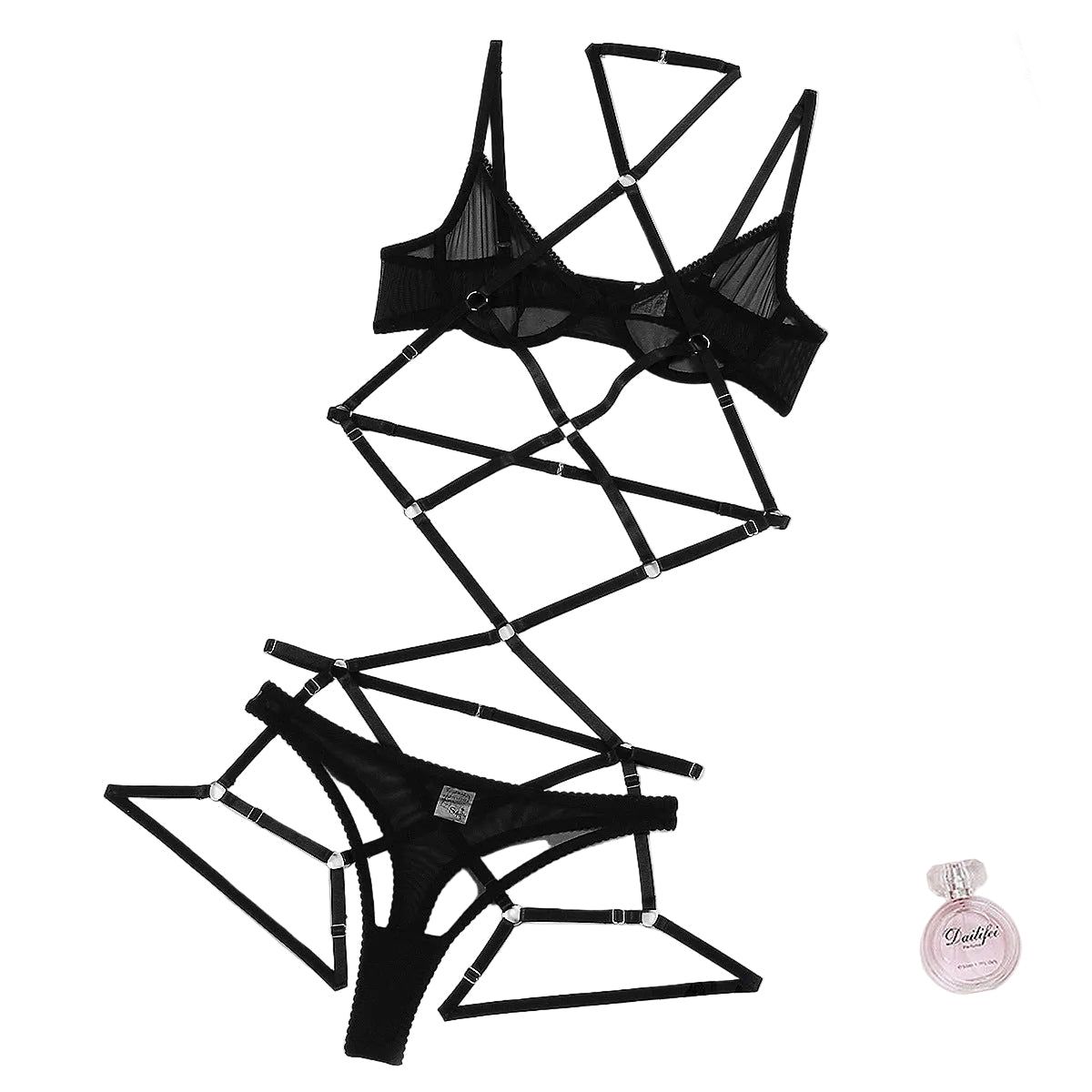 House Of Dasein Sexy Mesh See Through Hollow Out Strap Hanging Neck Three Piece Lingerie Set - Black - M - Image 1