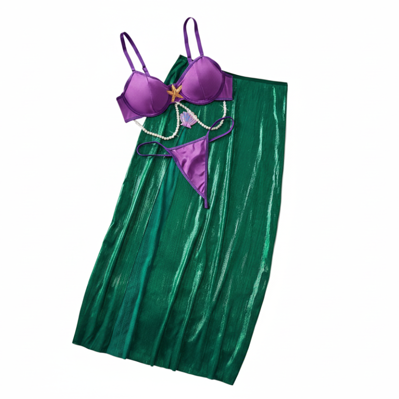 House Of Dasein Cute Girl Sweet And Sexy Beaded Chain Strap Forked Long Skirt Separated Lingerie Set - Violet - M - Image 1