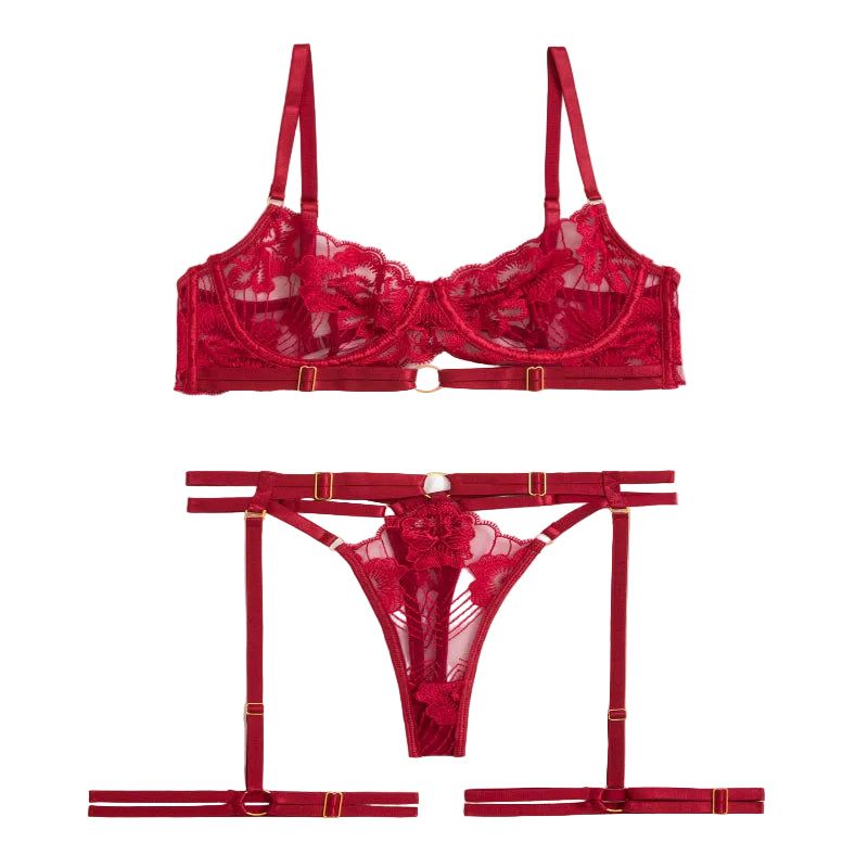 House Of Dasein Style Sexy Underwire Gathered French Lace Embroidered Tie Strap Pure Desire Hollow Out Four Piece Set Lingerie Suit - Red - Xl - Image 1