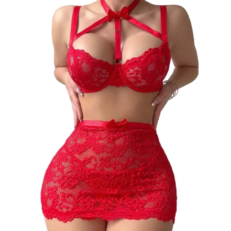 House Of Dasein Floral Lace Bow Halter Strapless With Net Stockings Lingerie Set - Red - L - Image 1