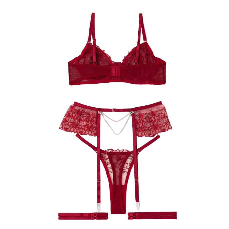 House Of Dasein Sexy Separated Lace Embroidery Sheer Mesh With Leg Ring Erotic Underwear Five Piece Set - Red - S - Image 1