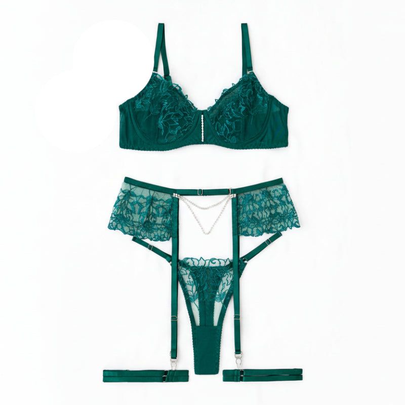 House Of Dasein Sexy Separated Lace Embroidery Sheer Mesh With Leg Ring Erotic Underwear Five Piece Set - Green - L - Image 1