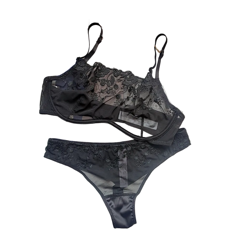 House Of Dasein Lace Thin Strapless Chain Detachable Sexy Lingerie Set Large Chest Minimizer Gathering And Lift - Black - M - Image 1