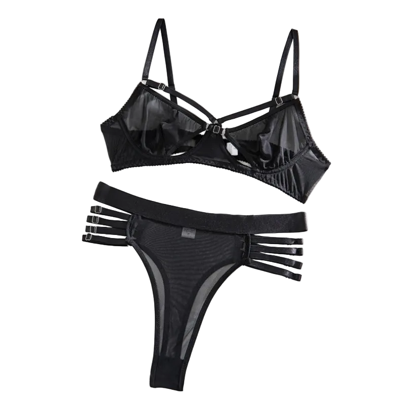 House Of Dasein Transparent Mesh Non Wired Motorcycle Sexy Lingerie Set - Black - L - Image 1