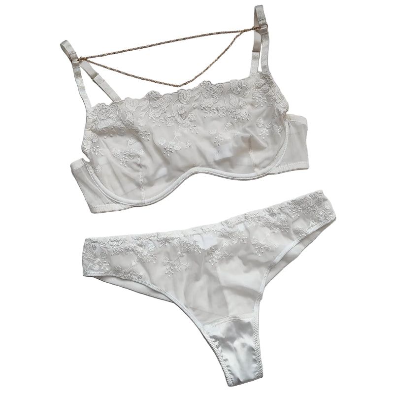 House Of Dasein Lace Thin Strapless Chain Detachable Sexy Lingerie Set Large Chest Minimizer Gathering And Lift - White - L - Image 1