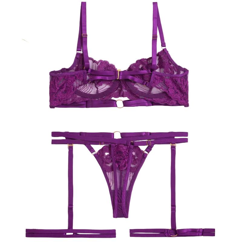 House Of Dasein Style Sexy Underwire Gathered French Lace Embroidered Tie Strap Pure Desire Hollow Out Four Piece Set Lingerie Suit - Purple - S - Image 1