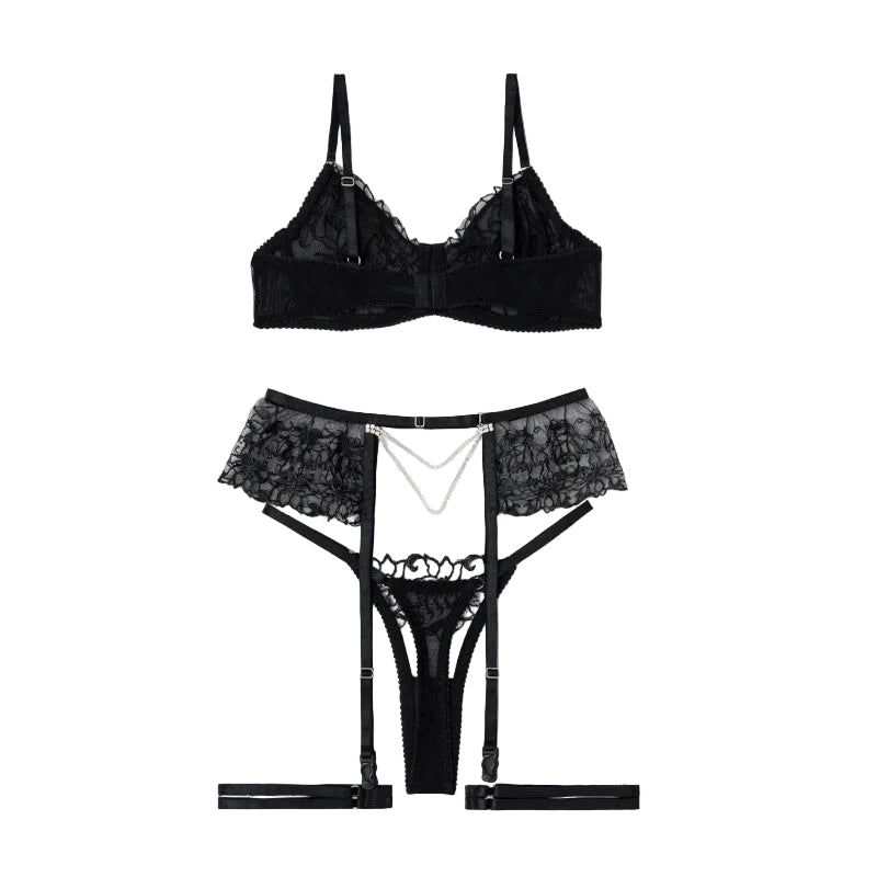 House Of Dasein Sexy Separated Lace Embroidery Sheer Mesh With Leg Ring Erotic Underwear Five Piece Set - Black - L - Image 1