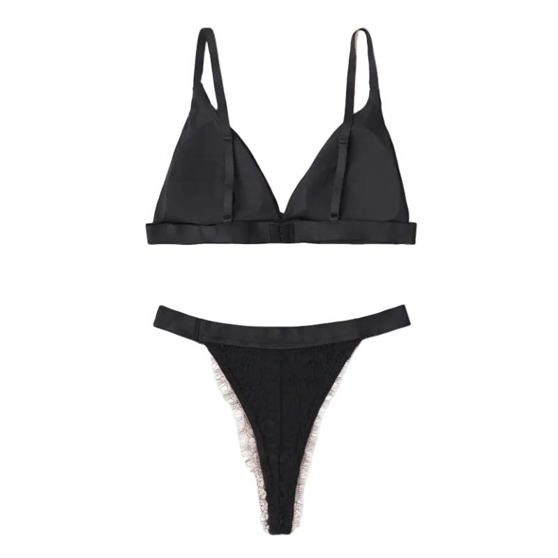 House Of Dasein French Style Ultra Thin Solid Color Lace Underwear Triangle Cup Wire Free Bra Erotic Two Piece Set - Black - M - Image 1