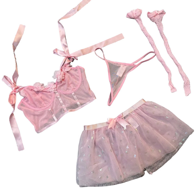 House Of Dasein Sexy 3D Flower Bow Tie Sequin Mesh Skirt Lingerie Set - Pink - L - Image 1