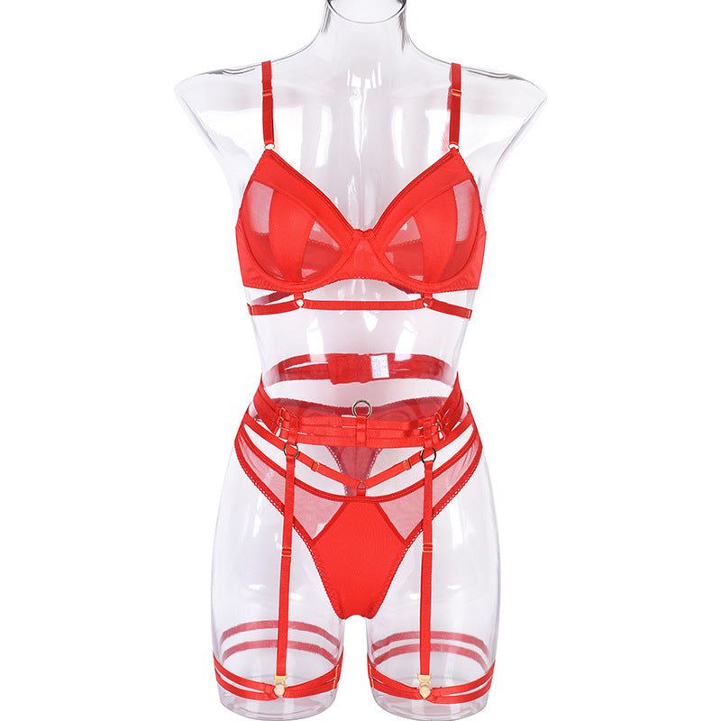 House Of Dasein Spring And Summer Fashion Lace Complex Craft Gathered Hollow Out Mesh Sexy Lingerie Four Piece Set For Women - Red - M - Image 1