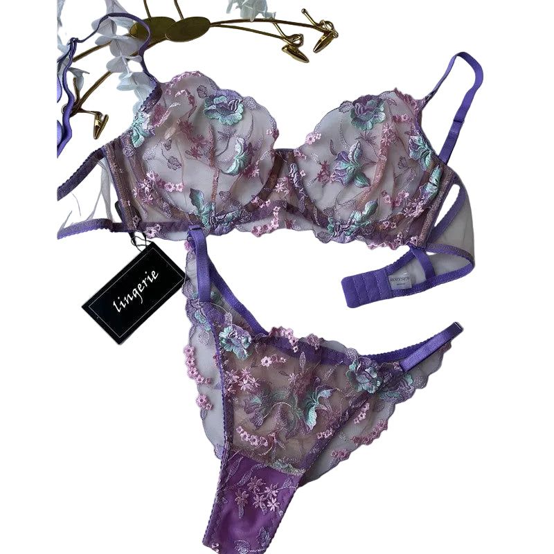 House Of Dasein Dnika Two Piece Mesh Embroidered Lingerie Set Purple Flower Gathered Bra Transparent Suit - S - Image 1