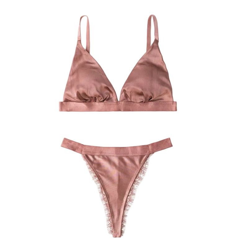 House Of Dasein French Style Ultra Thin Solid Color Lace Underwear Triangle Cup Wire Free Bra Erotic Two Piece Set - Rose Gold - M - Image 1