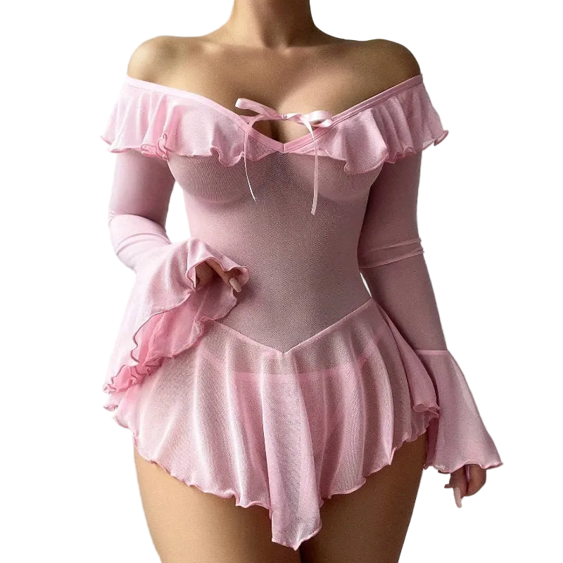 House Of Dasein Sexy Transparent Mesh Pure Desire One-Shoulder Dress Seductive Erotic Uniform Underwear - Pink - M - Image 1