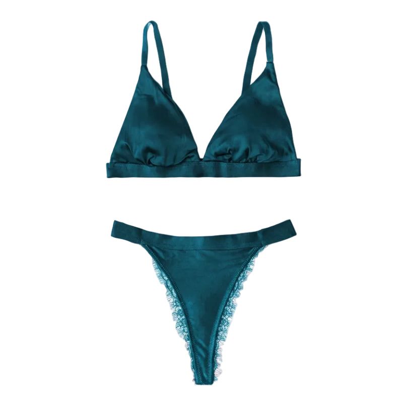 House Of Dasein French Style Ultra Thin Solid Color Lace Underwear Triangle Cup Wire Free Bra Erotic Two Piece Set - Peacock Green - L - Image 1