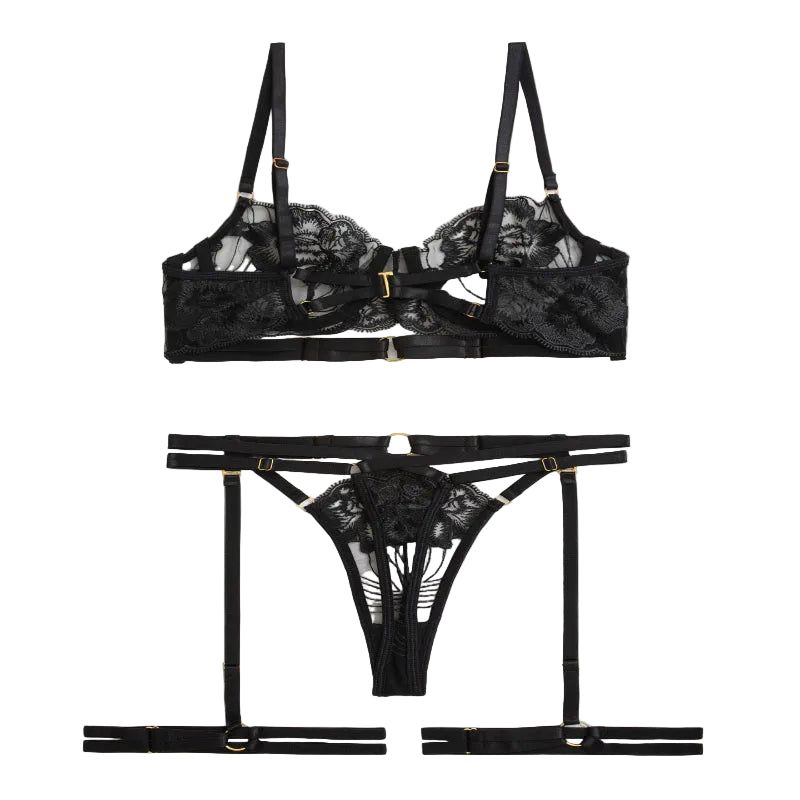 House Of Dasein Style Sexy Underwire Gathered French Lace Embroidered Tie Strap Pure Desire Hollow Out Four Piece Set Lingerie Suit - Black - L - Image 1