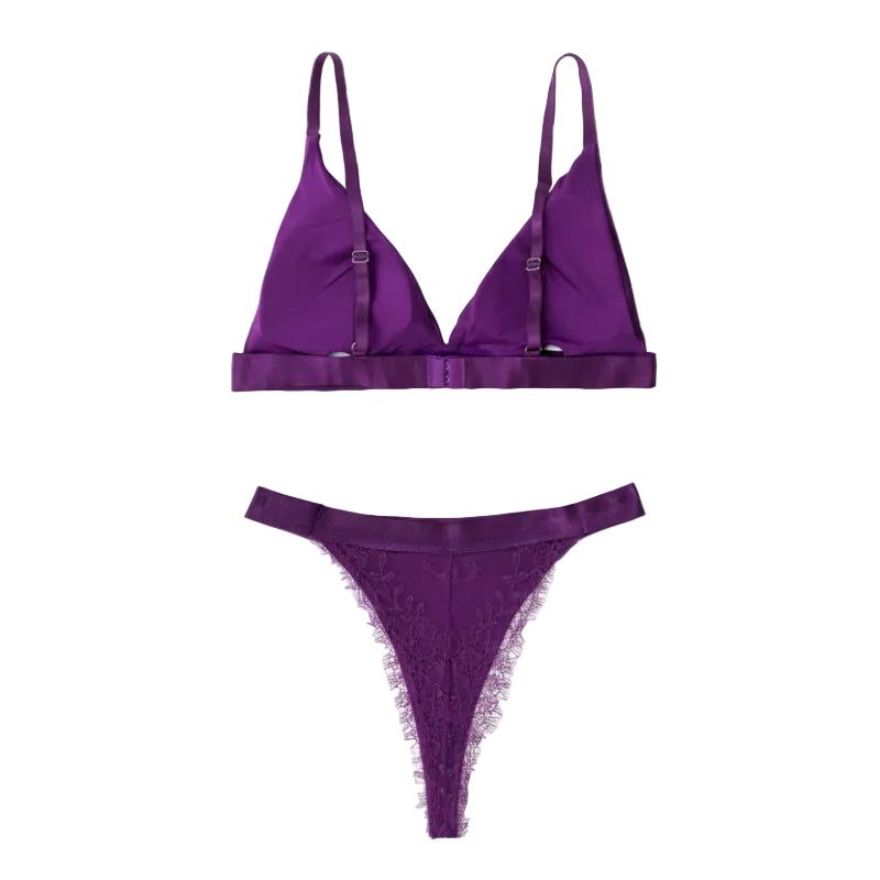House Of Dasein French Style Ultra Thin Solid Color Lace Underwear Triangle Cup Wire Free Bra Erotic Two Piece Set - Purple - M - Image 1