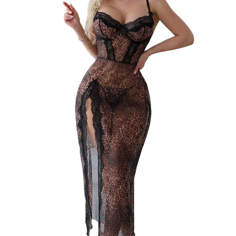 Lace Leopard Print High Slit Strap Dress With Pure Desire And Seductive Charm - Leopard Print - M - Image 1