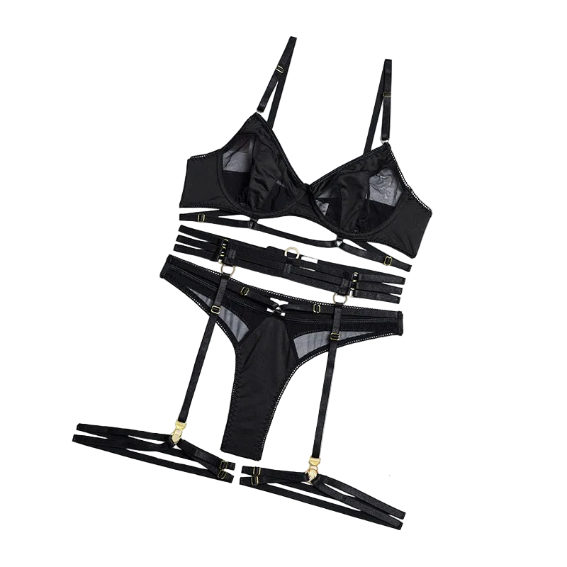 House Of Dasein Spring And Summer Fashion Lace Complex Craft Gathered Hollow Out Mesh Sexy Lingerie Four Piece Set For Women - Black - L - Image 1