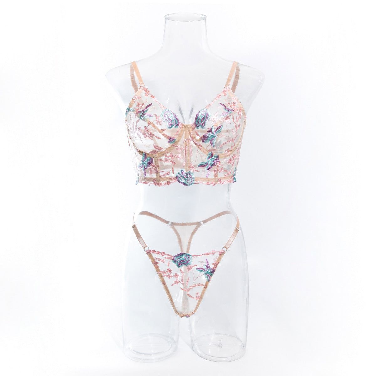 House Of Dasein Sweet Floral Embroidered Boned Camisole And Thong Set For Women's Sexy Hollow Out Lingerie - Apricot Pink - S - Image 1